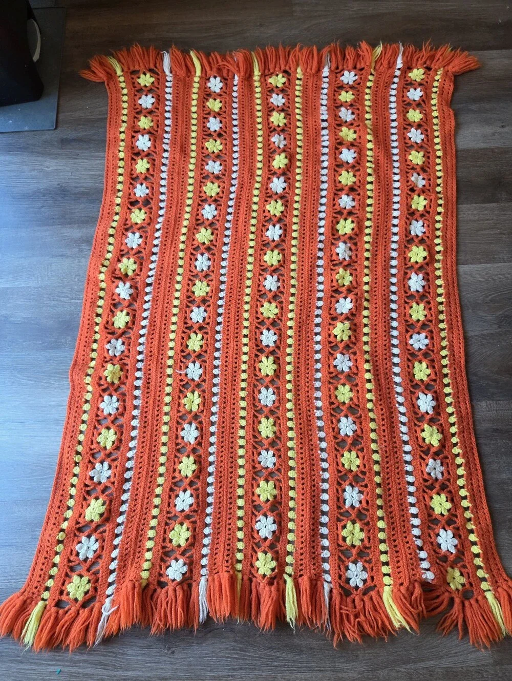 Vintage 70s Style Crochet Flower Pattern Orange Yellow Afghan Blanket w/Fringe